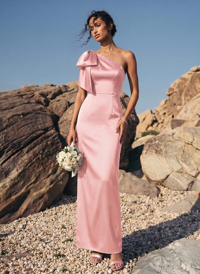 Sheath/Column One-Shoulder Sleeveless Satin Bridesmaid Dresses With Bow(s)