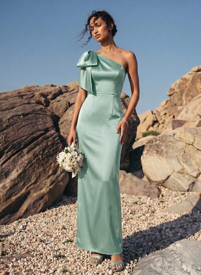Sheath/Column One-Shoulder Sleeveless Satin Bridesmaid Dresses With Bow(s)
