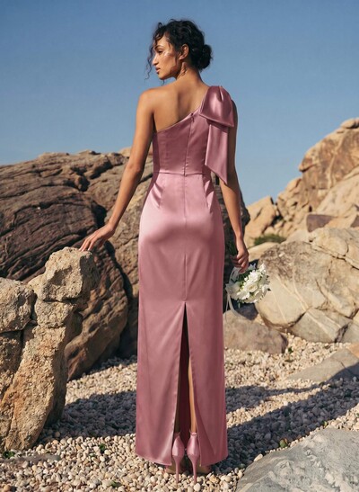 Sheath/Column One-Shoulder Sleeveless Satin Bridesmaid Dresses With Bow(s)