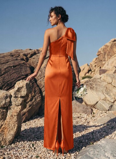Sheath/Column One-Shoulder Sleeveless Satin Bridesmaid Dresses With Bow(s)
