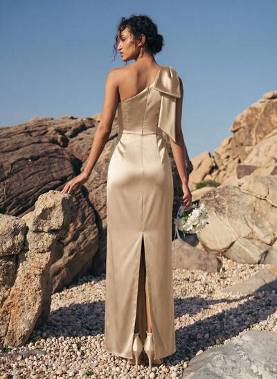 Sheath/Column One-Shoulder Sleeveless Satin Bridesmaid Dresses With Bow(s)