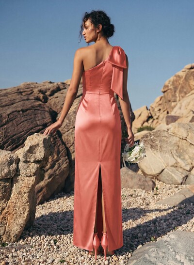 Sheath/Column One-Shoulder Sleeveless Satin Bridesmaid Dresses With Bow(s)