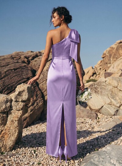 Satin One-Shoulder Sleeveless Column Bridesmaid Dresses with Bow Detail