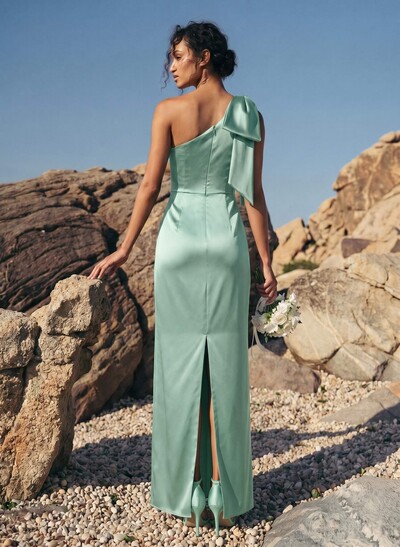 Sheath/Column One-Shoulder Sleeveless Satin Bridesmaid Dresses With Bow(s)