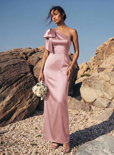 Sheath/Column One-Shoulder Sleeveless Satin Bridesmaid Dresses With Bow(s)