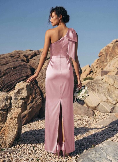 Sheath/Column One-Shoulder Sleeveless Satin Bridesmaid Dresses With Bow(s)
