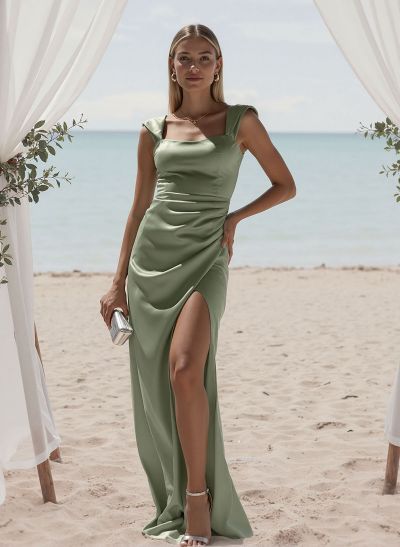 Sheath/Column Square Neckline Satin Bridesmaid Dresses With High Split