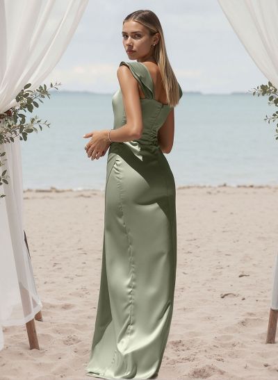 Sheath/Column Square Neckline Satin Bridesmaid Dresses With High Split