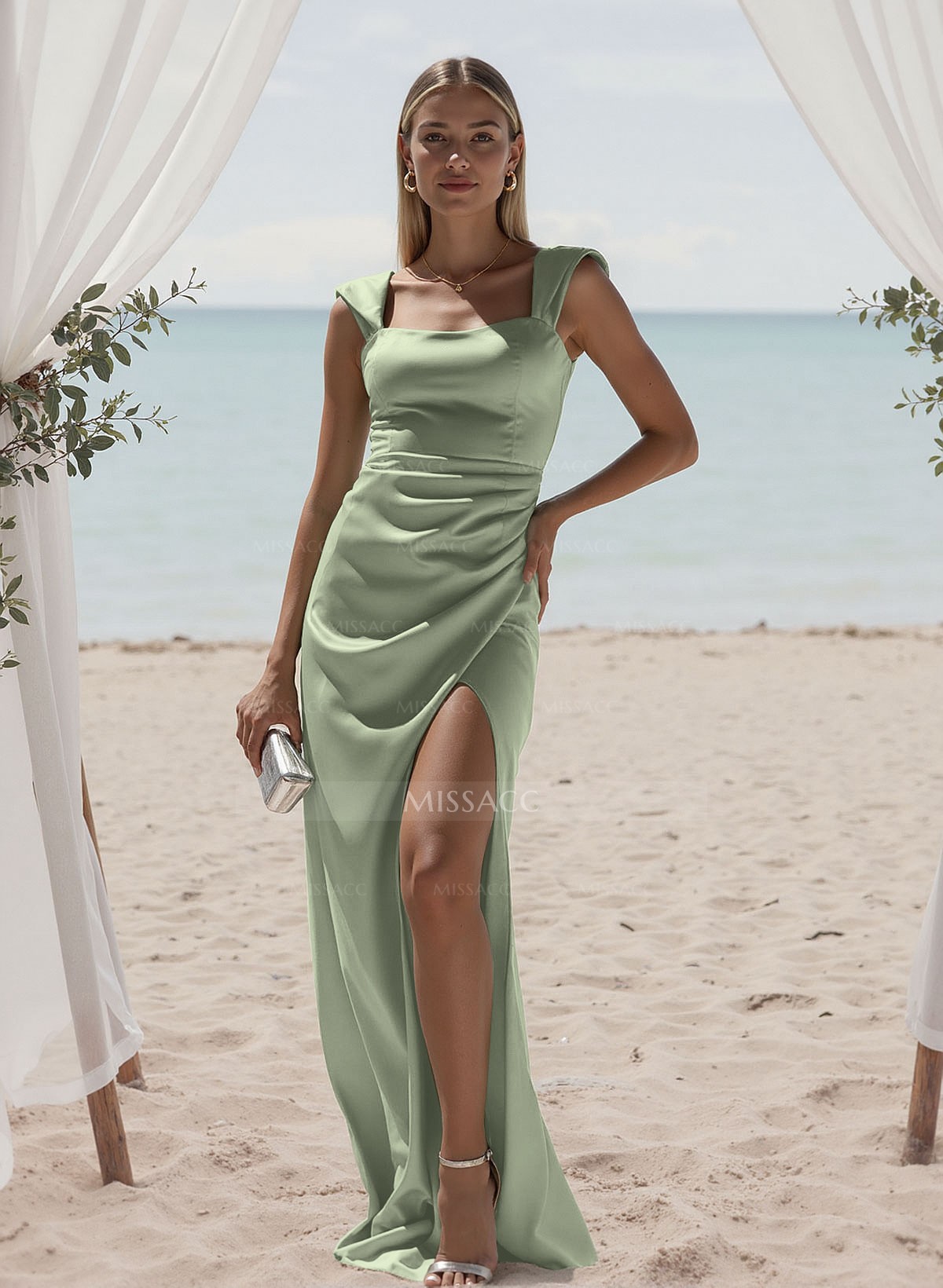 Sheath/Column Square Neckline Acetate Satin Bridesmaid Dresses With High Split
