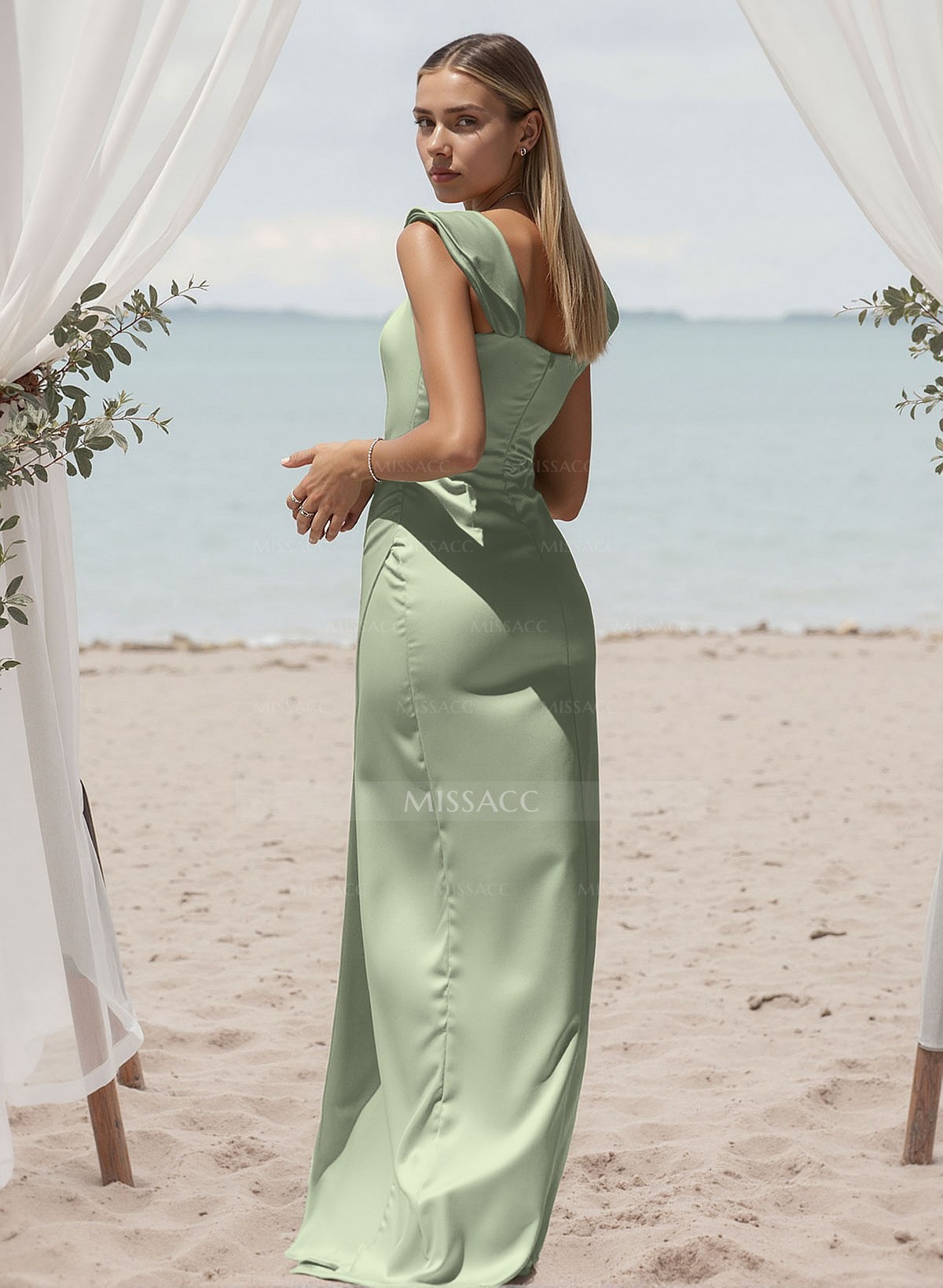 Sheath/Column Square Neckline Acetate Satin Bridesmaid Dresses With High Split