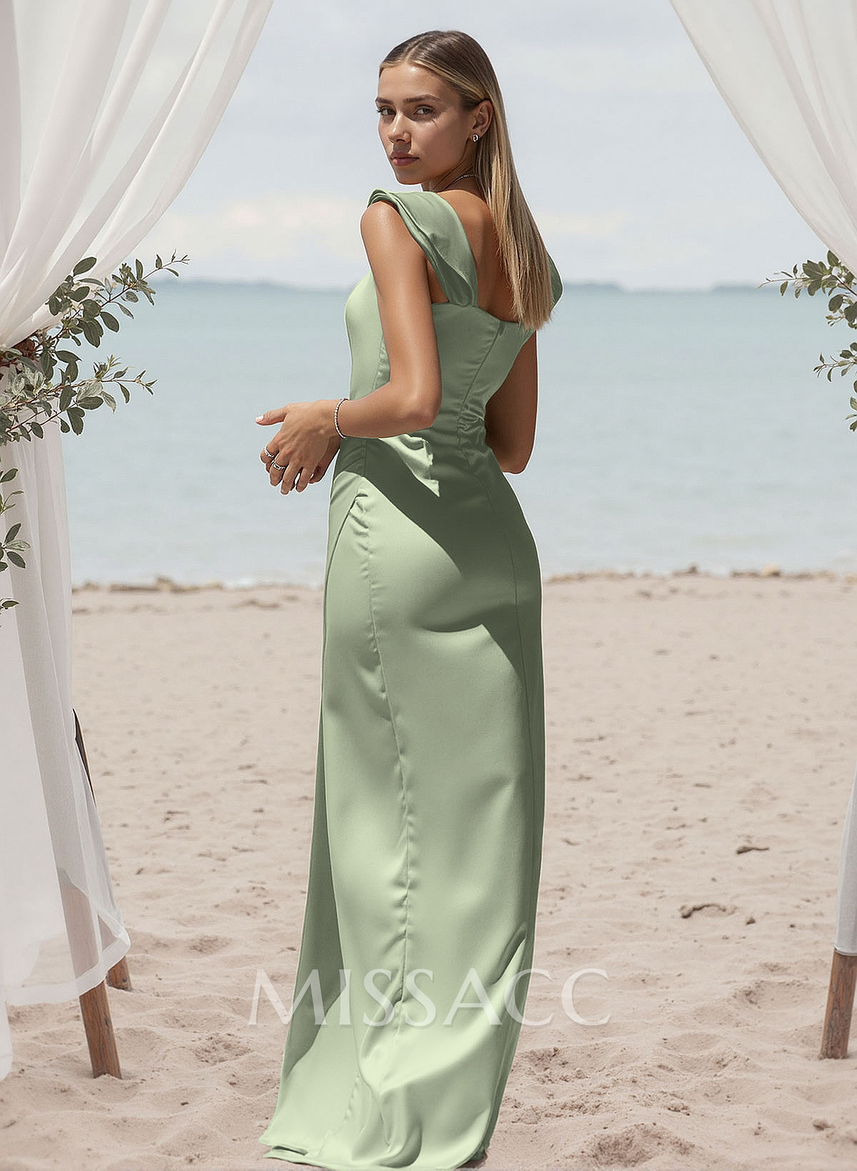 Sheath/Column Square Neckline Acetate Satin Bridesmaid Dresses With High Split