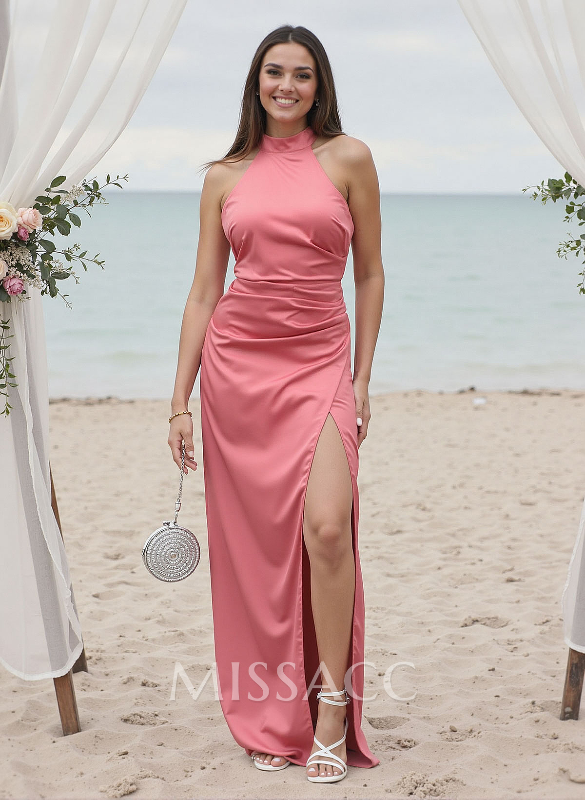 Sheath/Column Halter Silk Like Satin Bridesmaid Dresses With High Split
