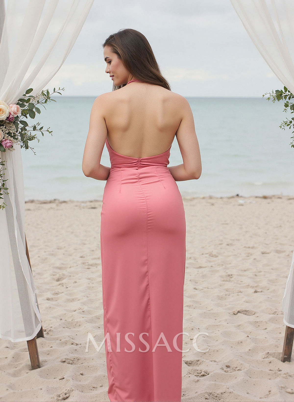 Sheath/Column Halter Silk Like Satin Bridesmaid Dresses With High Split