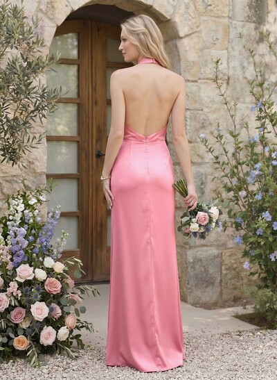 Sheath/Column Halter Silk Like Satin Bridesmaid Dresses With High Split