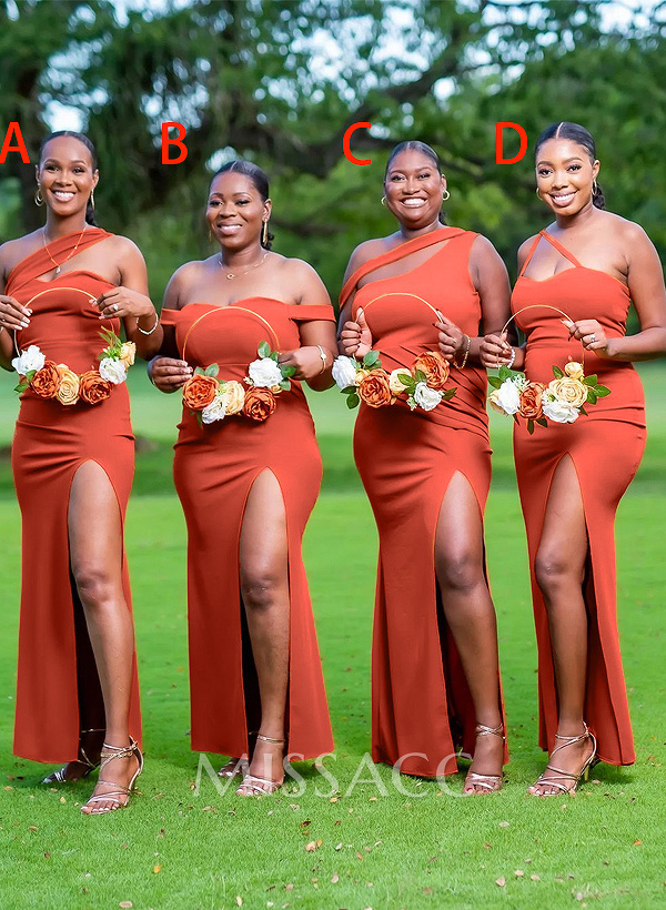 Sheath/Column Sleeveless Elastic Satin Bridesmaid Dresses With High Split Sheath/Column Sleeveless Elastic Satin Bridesmaid Dresses With High Split
