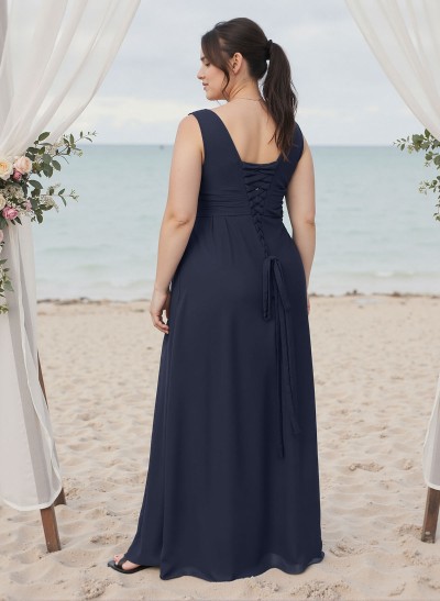 A-Line V-Neck Sleeveless Plus Size Chiffon Bridesmaid Dresses With High Split