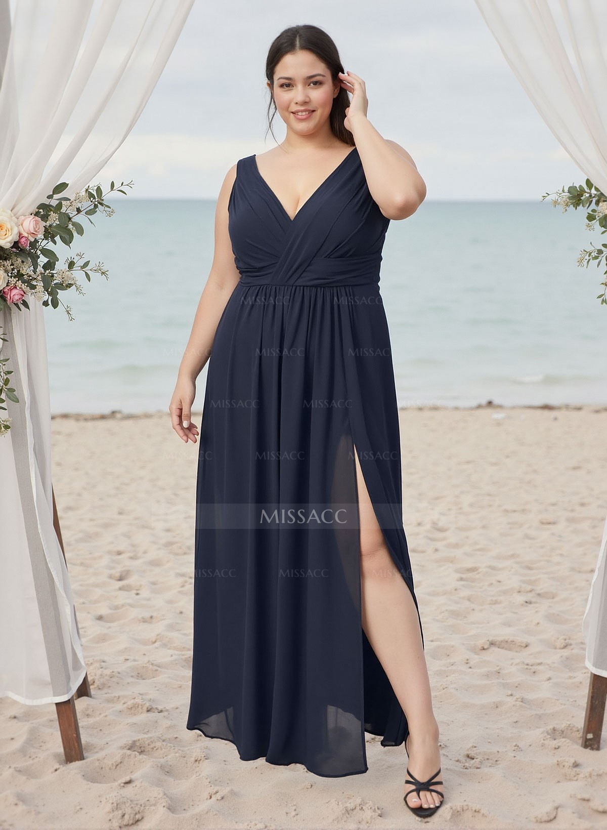 A-Line V-Neck Sleeveless Plus Size Chiffon Bridesmaid Dresses With High Split