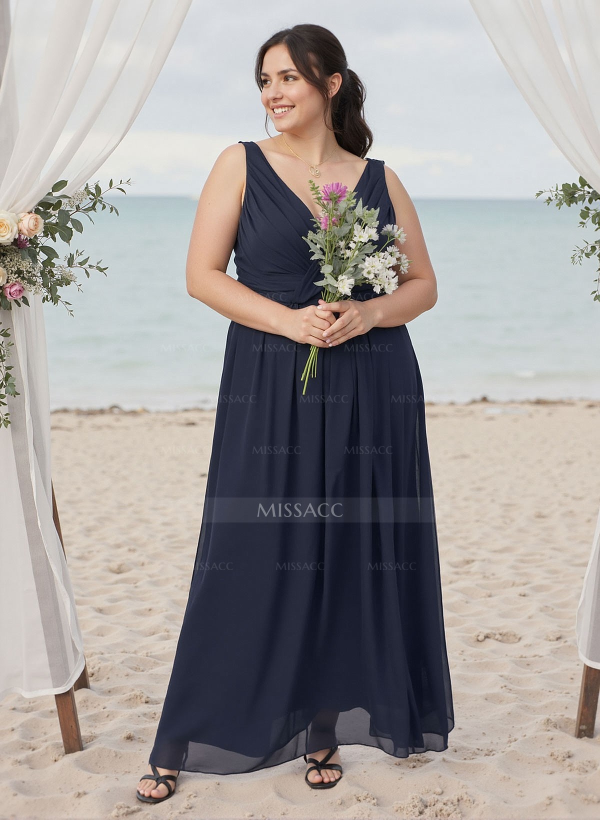 A-Line V-Neck Sleeveless Plus Size Chiffon Bridesmaid Dresses With High Split