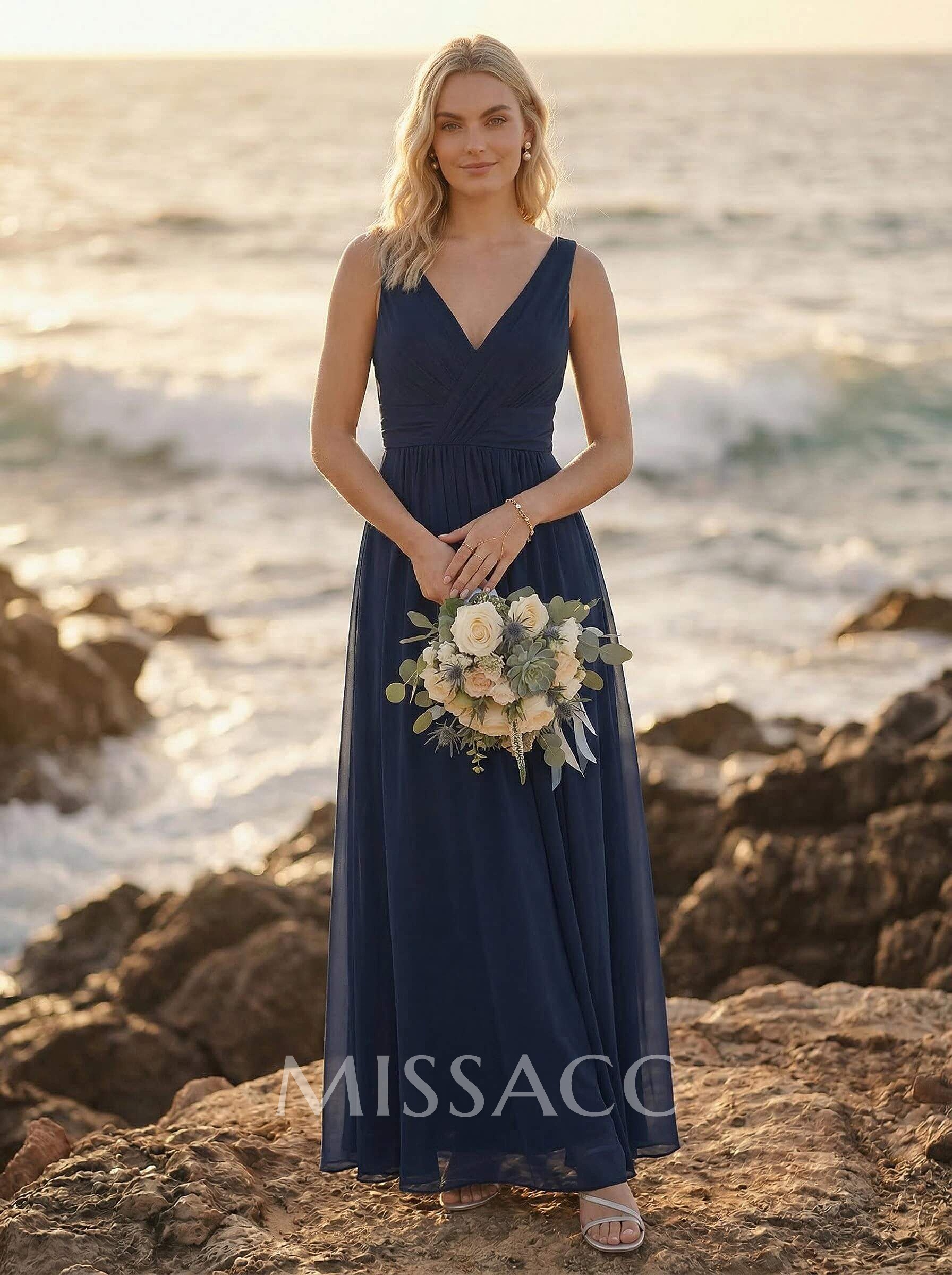 A-Line V-Neck Sleeveless Plus Size Chiffon Bridesmaid Dresses With High Split A-Line V-Neck Sleeveless Plus Size Chiffon Bridesmaid Dresses With High Split