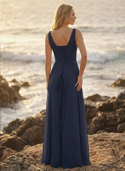 A-Line V-Neck Sleeveless Plus Size Chiffon Bridesmaid Dresses With High Split