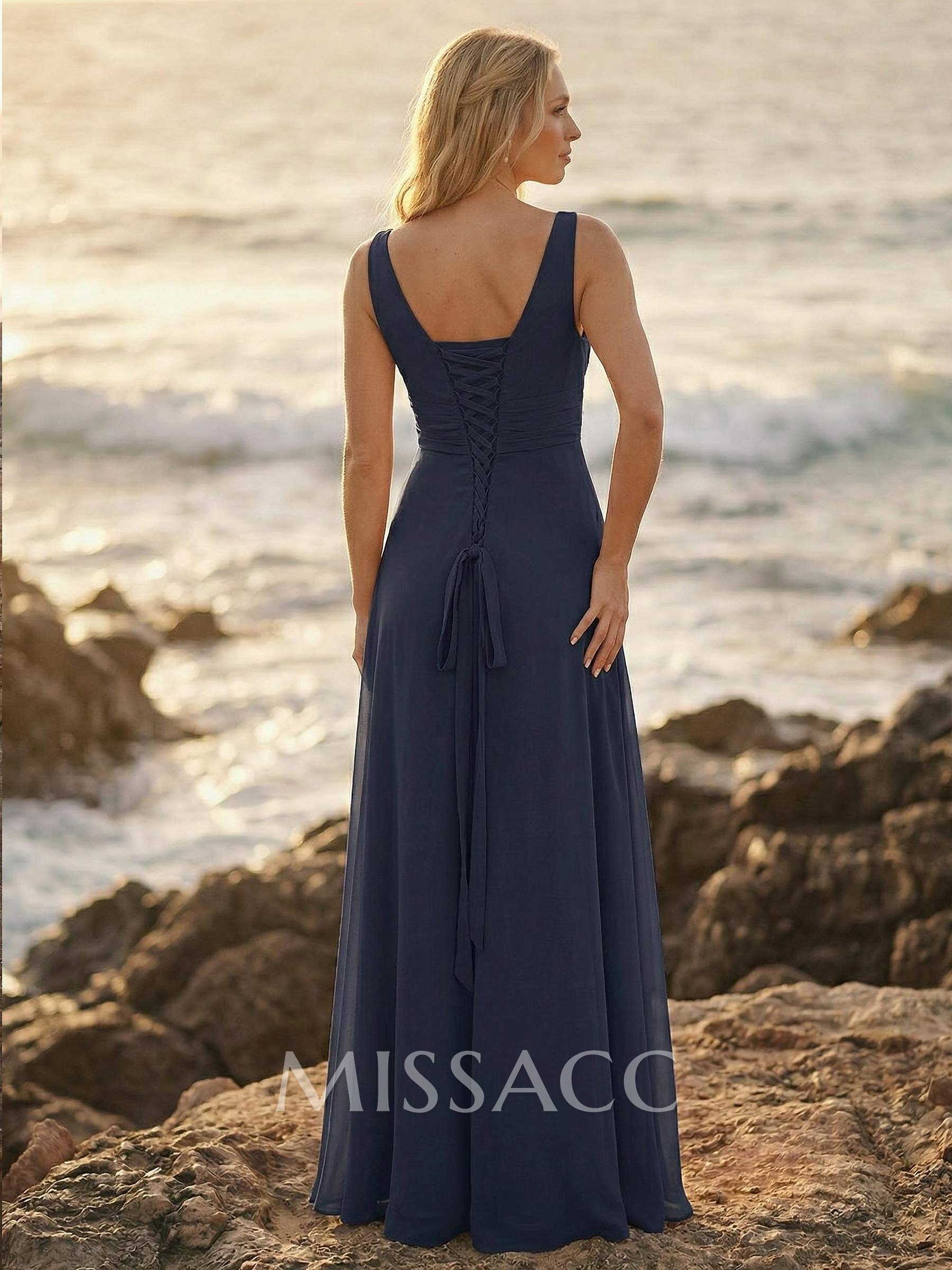 A-Line V-Neck Sleeveless Plus Size Chiffon Bridesmaid Dresses With High Split A-Line V-Neck Sleeveless Plus Size Chiffon Bridesmaid Dresses With High Split