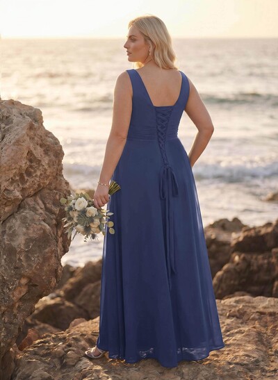 A-Line V-Neck Sleeveless Plus Size Chiffon Bridesmaid Dresses With High Split