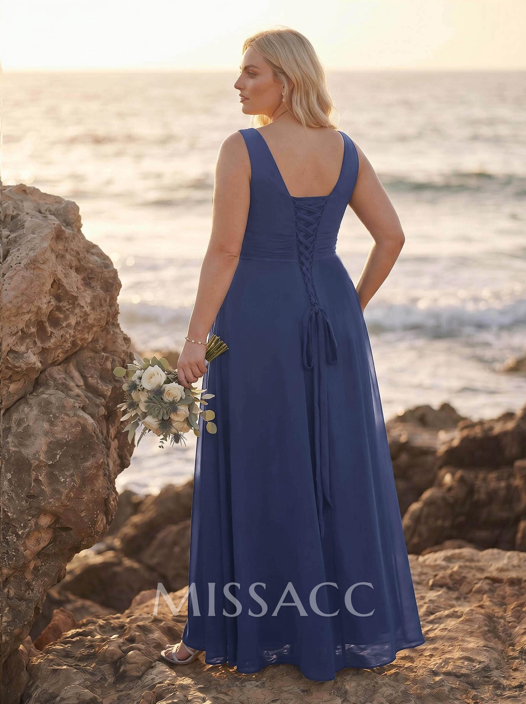 A-Line V-Neck Sleeveless Plus Size Chiffon Bridesmaid Dresses With High Split A-Line V-Neck Sleeveless Plus Size Chiffon Bridesmaid Dresses With High Split