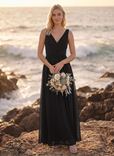 A-Line V-Neck Sleeveless Plus Size Chiffon Bridesmaid Dresses With High Split