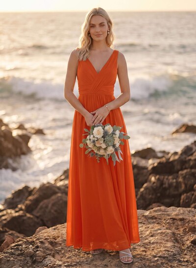 A-Line V-Neck Sleeveless Plus Size Chiffon Bridesmaid Dresses With High Split
