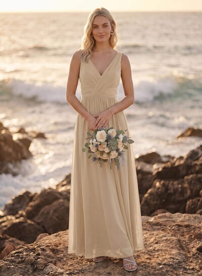 A-Line V-Neck Sleeveless Plus Size Chiffon Bridesmaid Dresses With High Split