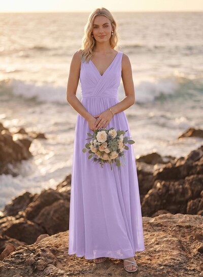 A-Line V-Neck Sleeveless Plus Size Chiffon Bridesmaid Dresses With High Split