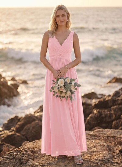 A-Line V-Neck Sleeveless Plus Size Chiffon Bridesmaid Dresses With High Split