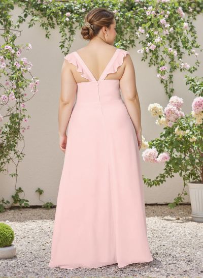 A-Line V-Neck Sleeveless Plus Size Chiffon Bridesmaid Dresses With Ruffle/Pockets/High Split