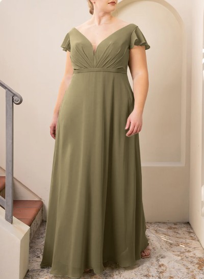 A-Line V-Neck Short Sleeves Plus Size Chiffon Bridesmaid Dresses With Ruffle/Pockets