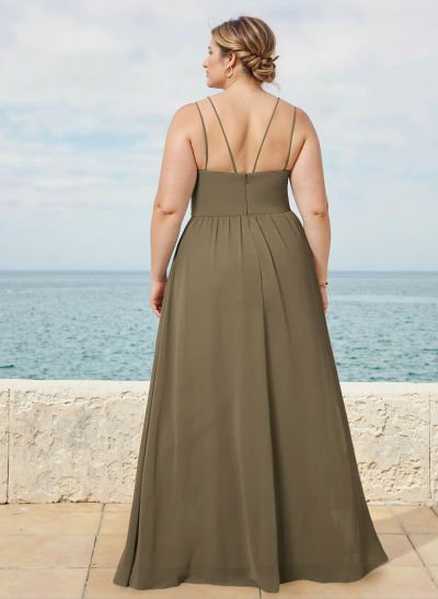 A-Line V-Neck Sleeveless Plus Size Chiffon Bridesmaid Dresses With Split Front