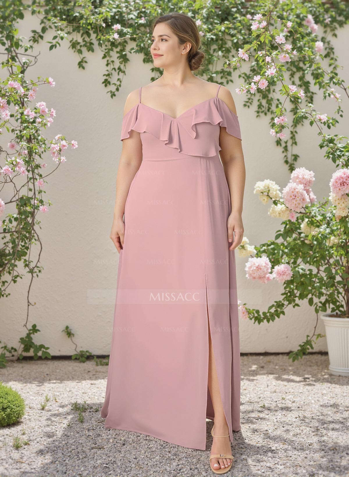 A-Line V-Neck Plus Size Chiffon Bridesmaid Dresses With Ruffle/Split Front