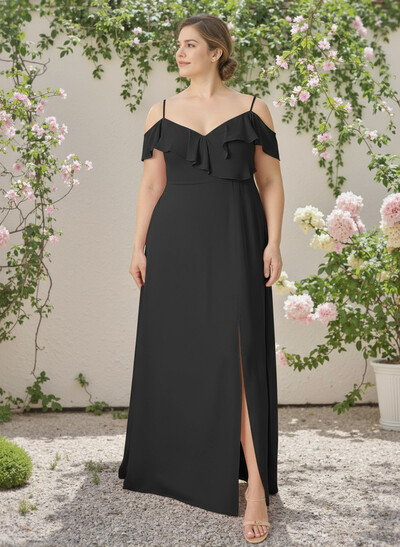 A-Line V-Neck Plus Size Chiffon Bridesmaid Dresses With Ruffle/Split Front