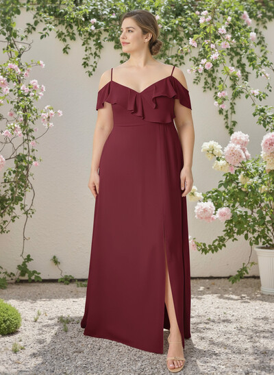A-Line V-Neck Plus Size Chiffon Bridesmaid Dresses With Ruffle/Split Front