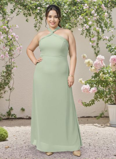 A-Line Halter Sleeveless Floor-Length Plus Size Chiffon Bridesmaid Dresses