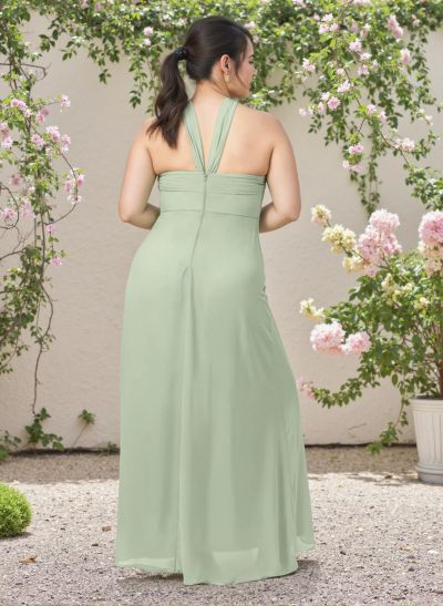 A-Line Halter Sleeveless Floor-Length Plus Size Chiffon Bridesmaid Dresses