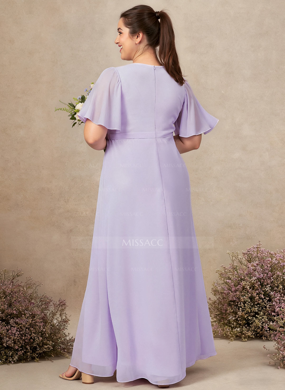 A-Line V-Neck Plus Size Chiffon Bridesmaid Dresses With High Split