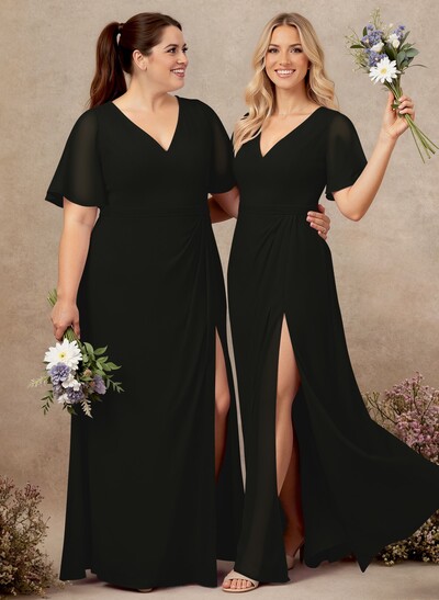 A-Line V-Neck Plus Size Chiffon Bridesmaid Dresses With High Split