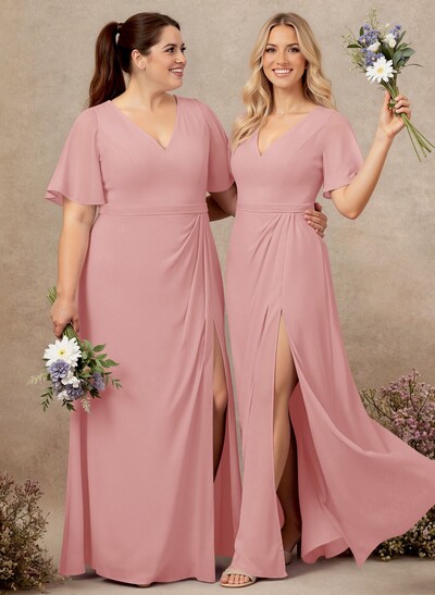 A-Line V-Neck Plus Size Chiffon Bridesmaid Dresses With High Split