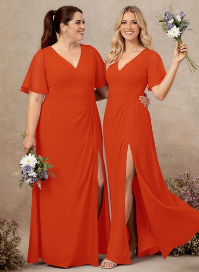 A-Line V-Neck Plus Size Chiffon Bridesmaid Dresses With High Split