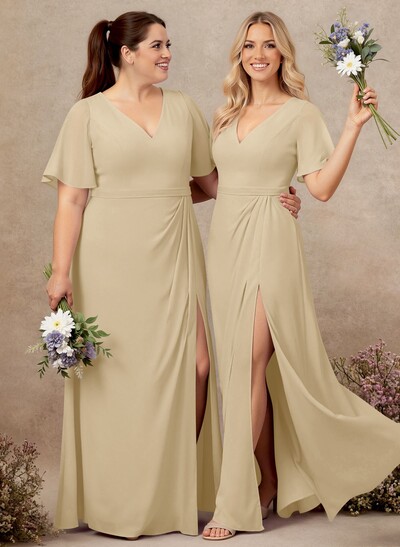 A-Line V-Neck Plus Size Chiffon Bridesmaid Dresses With High Split