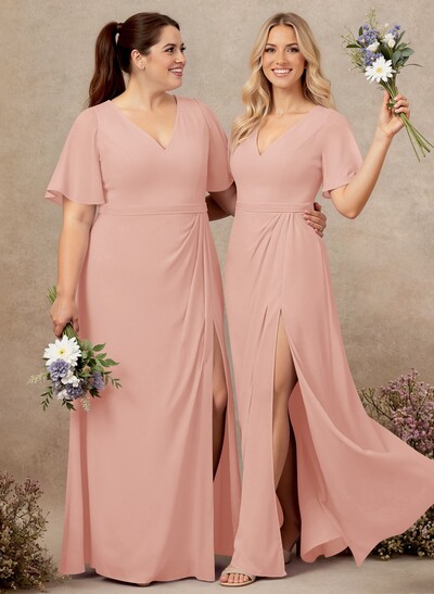 A-Line V-Neck Plus Size Chiffon Bridesmaid Dresses With High Split