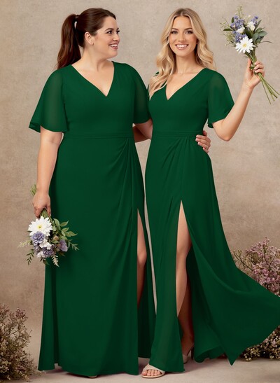 A-Line V-Neck Plus Size Chiffon Bridesmaid Dresses With High Split