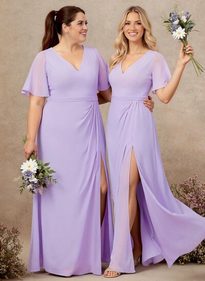 A-Line V-Neck Plus Size Chiffon Bridesmaid Dresses With High Split
