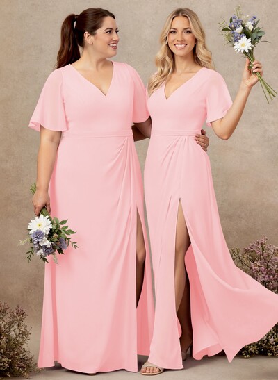 A-Line V-Neck Plus Size Chiffon Bridesmaid Dresses With High Split
