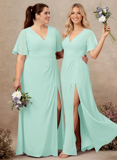 A-Line V-Neck Plus Size Chiffon Bridesmaid Dresses With High Split